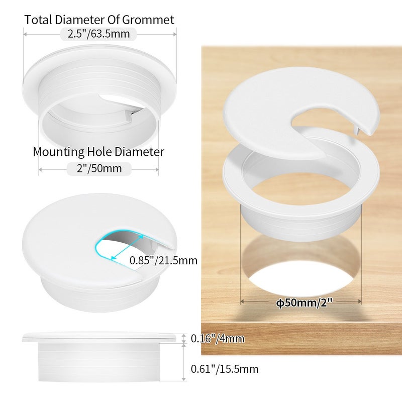 Petutu 10 Pack 2 Inch White Desk Grommet for Wires Cords-Plastic - Image 1